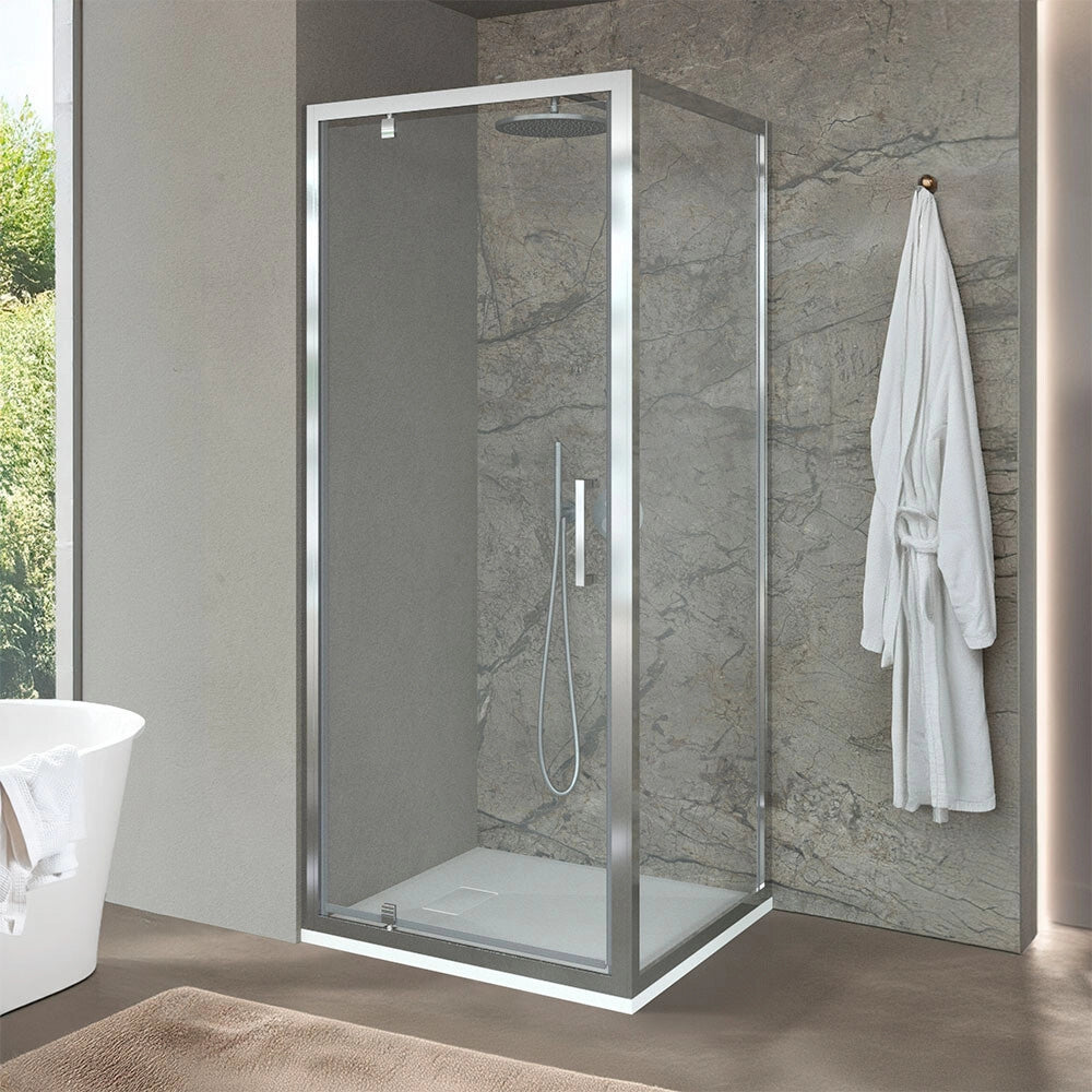 Box doccia angolare 90x90 con porta battente in vetro temperato trasparente e profili cromo Ted