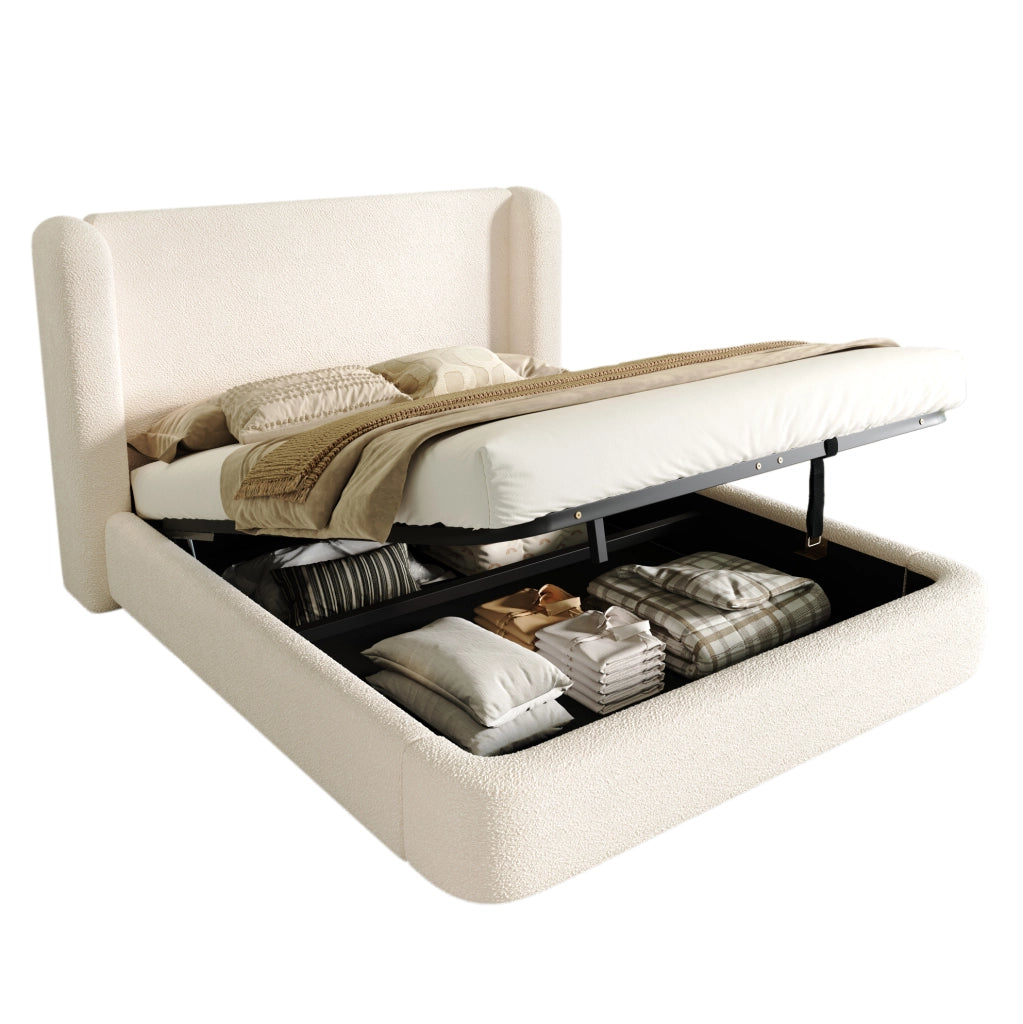 Letto matrimoniale contenitore in bouclé beige con rete e apertura idraulica