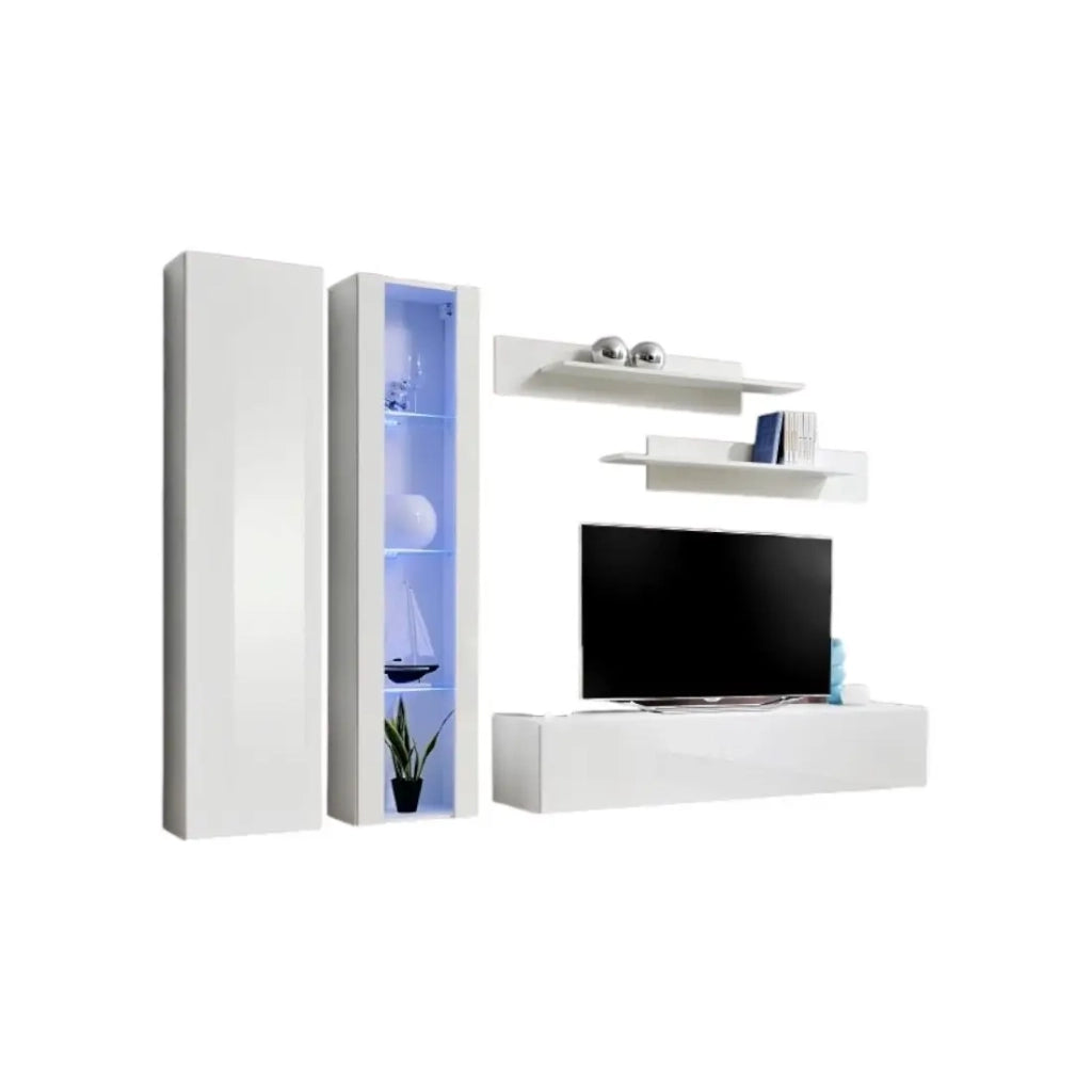 Mobile TV FLY A4 design, colore bianco lucido + LED. Mobile sospeso moderno e alla moda per il tuo soggiorno.