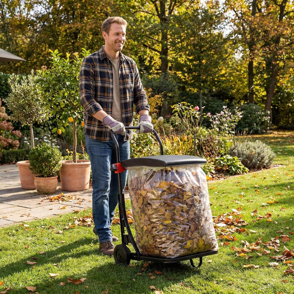 Carrello Portasacco Immondizia da Giardino, Supporto Porta Sacchi di Diverse Dimensioni, con Ruote, Coperchio e Altezza Regolabile, Carriola per Foglie, Rifiuti, Raccolta Differenziata