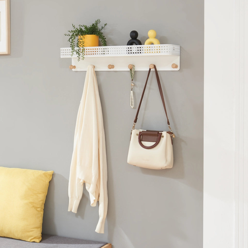 Appendiabiti da Parete Jäller con Mensola e 6 Ganci 60x14x12 cm Metallo - Bianco [en.casa]