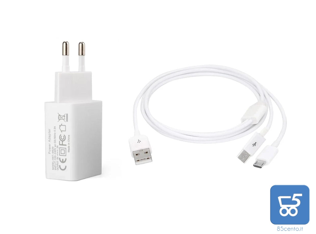 USB POWER ADAPTER - 2A 100-240VAC per IPHONE, AIRPODS, SAMSUNG con Cavo USB Splitter USB-C Micro USB