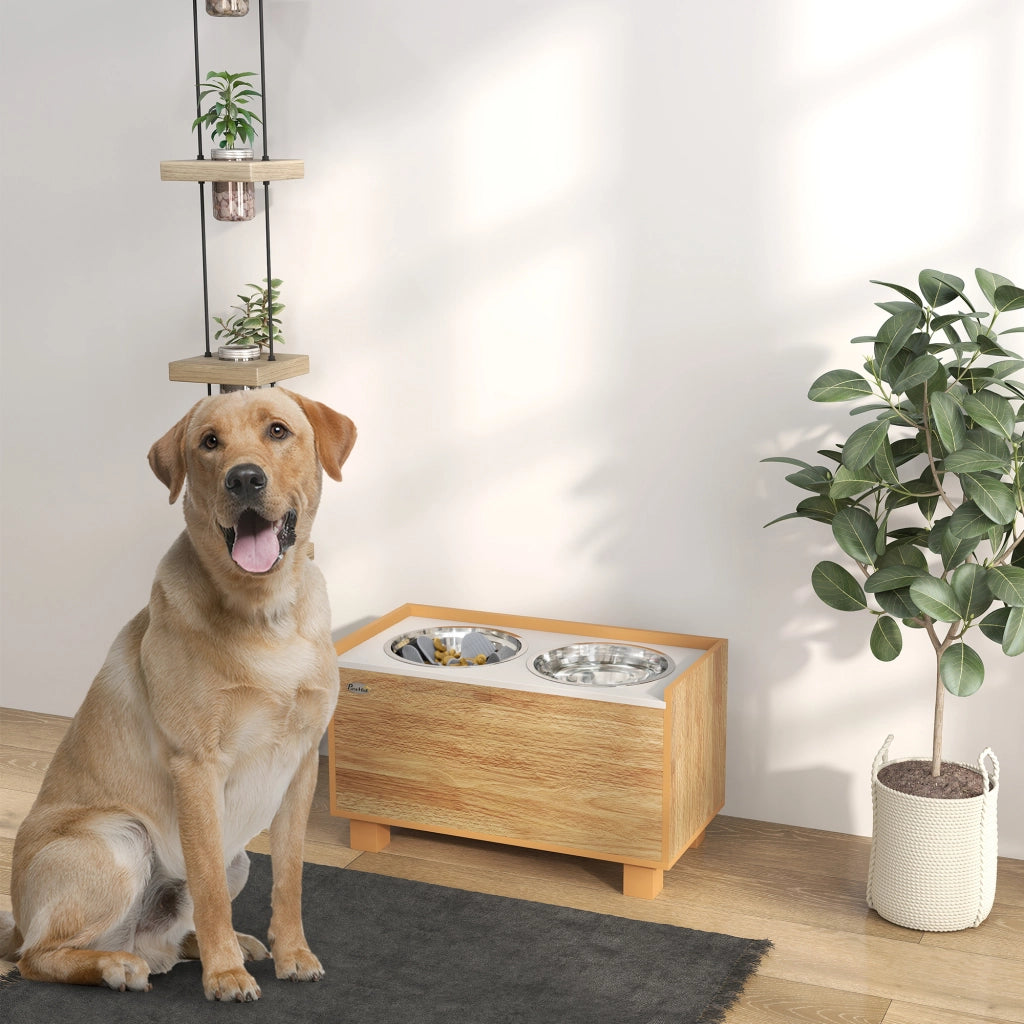 Tavolo per cani rialzato con alimentatore lento estraibile e abbeveratoio in acciaio inox ¨C Zephmum ¨C Rovere