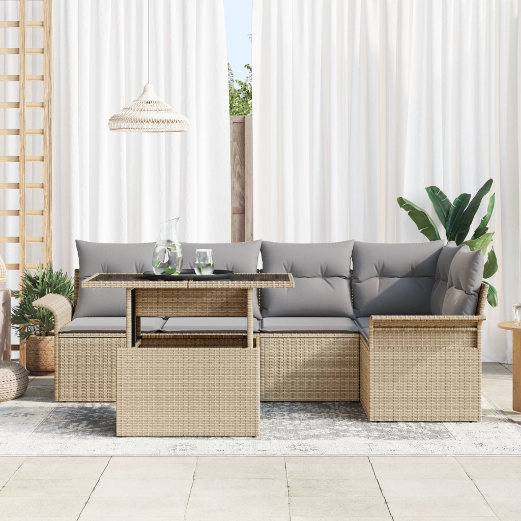 Set Divano da Giardino di 6 Pezzi con Cuscini Beige Rattan