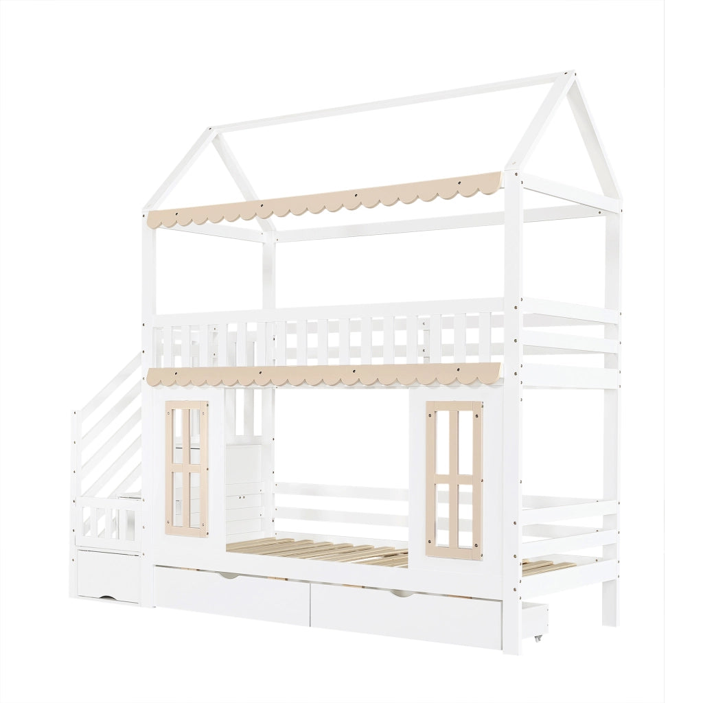 Letto a castello 90x200 cm, letto per bambini, spazio contenitivo, 2 cassetti, in MDF, bianco