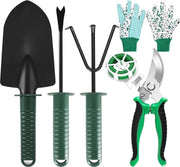 Set di attrezzi da giardinaggio 6 pezzi, set di attrezzi da giardinaggio in acciaio inossidabile comprensivo di rastrello, cultivatore a trasporto, cesoie, guanti e nastro adesivo per giardino da 30 m