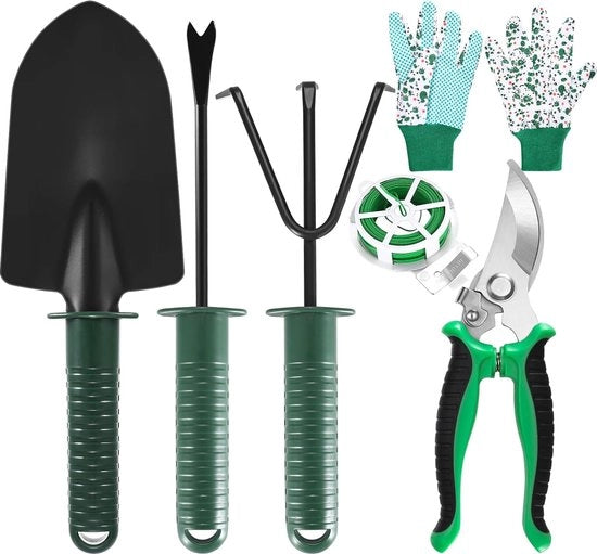 Set di attrezzi da giardinaggio 6 pezzi, set di attrezzi da giardinaggio in acciaio inossidabile comprensivo di rastrello, cultivatore a trasporto, cesoie, guanti e nastro adesivo per giardino da 30 m