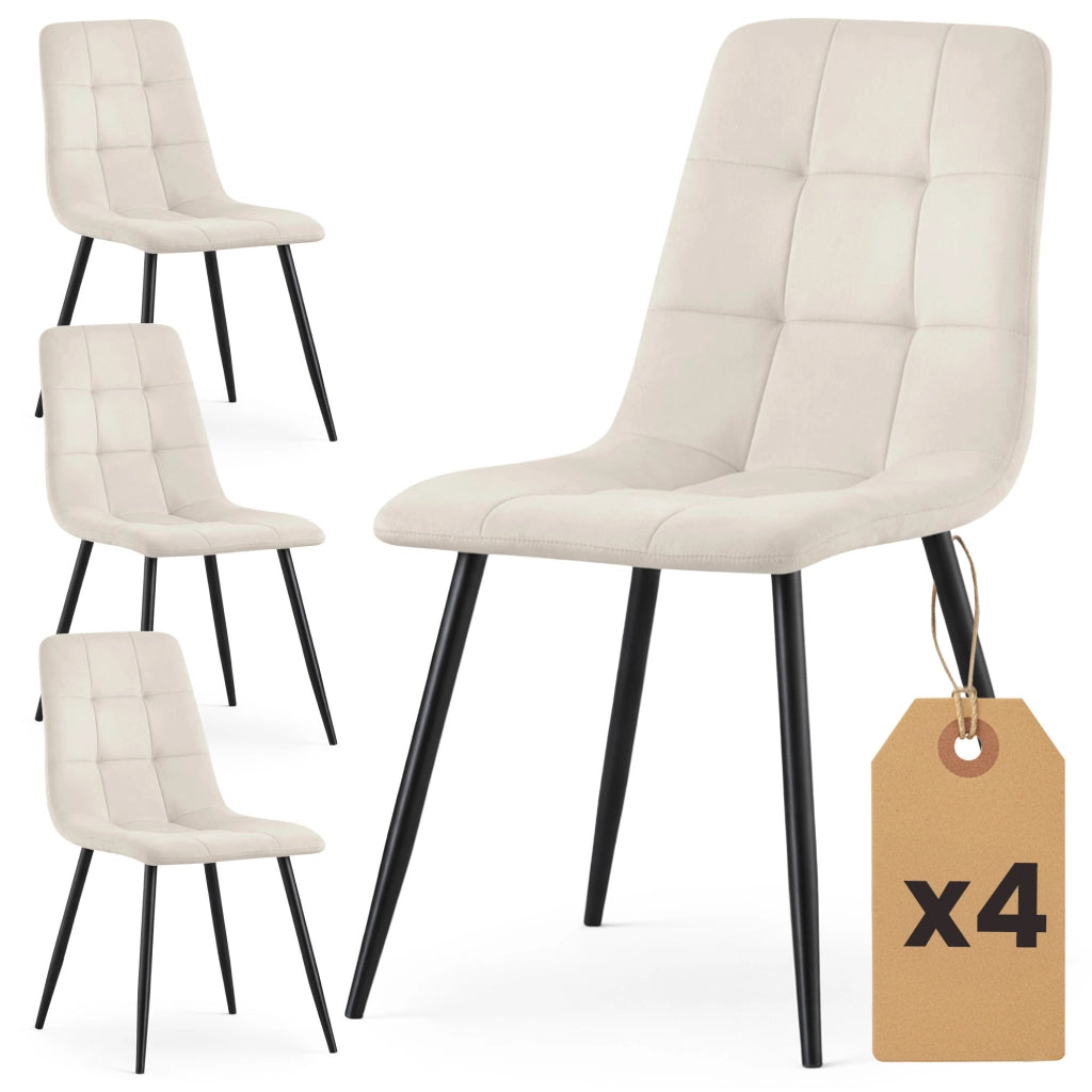 Set di 4 Sedie in velluto trapuntate NERO Beige gambe nere