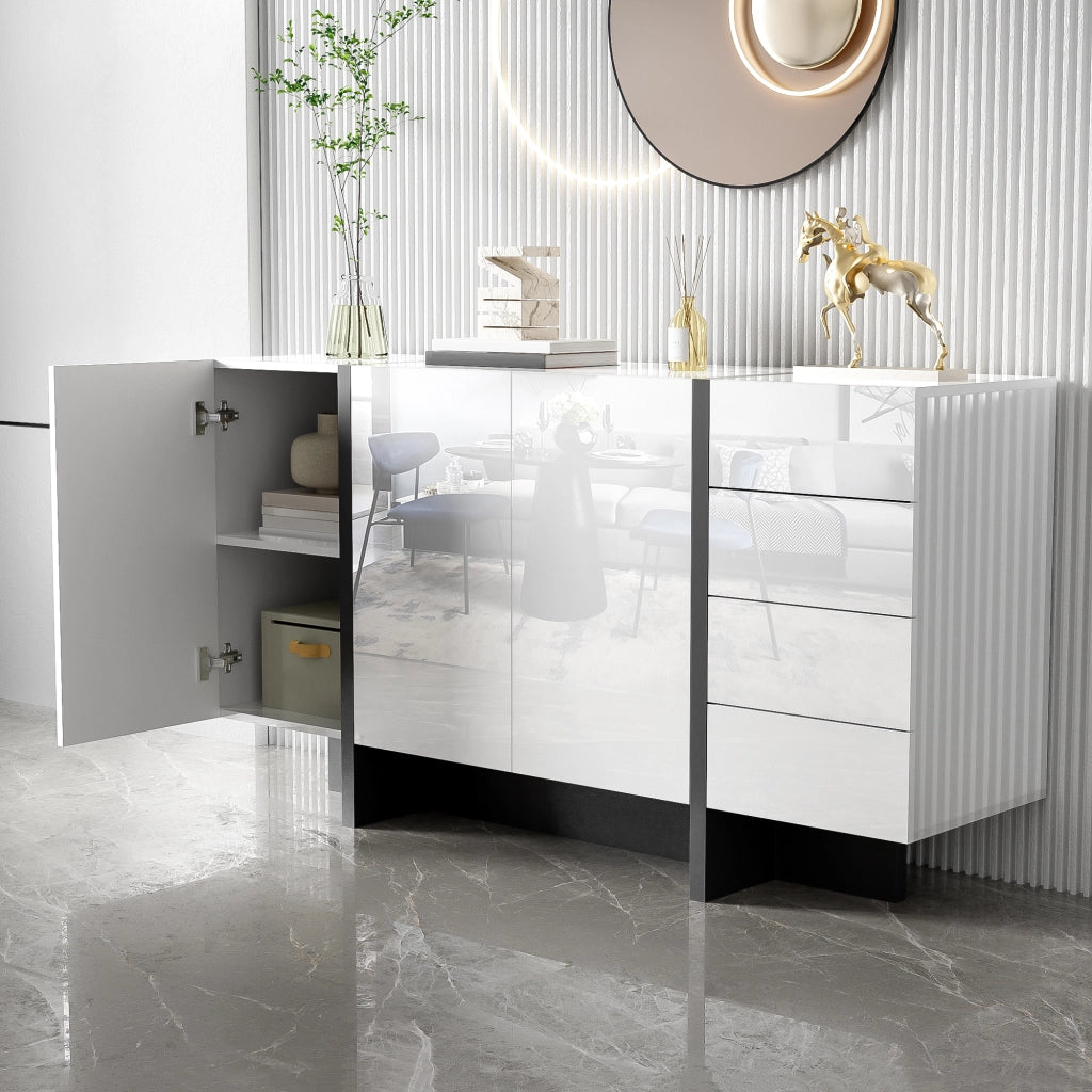 Credenza moderna lucida bianca e nera con 2 ante e 4 cassetti, ampio spazio contenitore, 150 × 40 × 80,5 cm