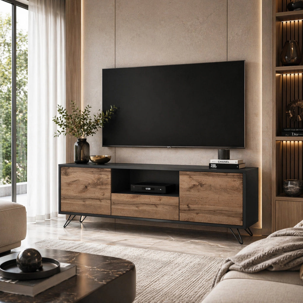 Mobile Porta TV Con 2 Ante Battenti Anta A Ribalta E Vano A Giorno Design Contemporaneo Per Zona Living E Salotto 137 X 52 X 33 Cm Nero E Rovere
