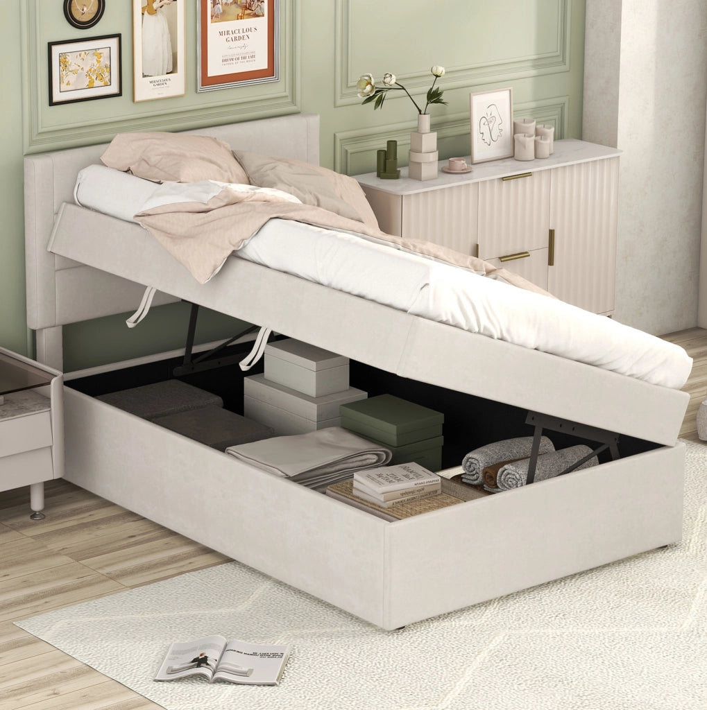 LETTO singolo contenitore 90x200 cm Beige in lino e MDF