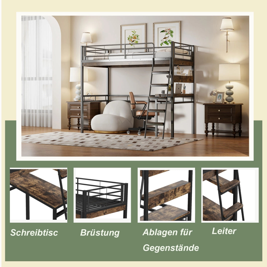 Letto a castello nero con scrivania e scaffali in metallo e mdf 90x200 cm