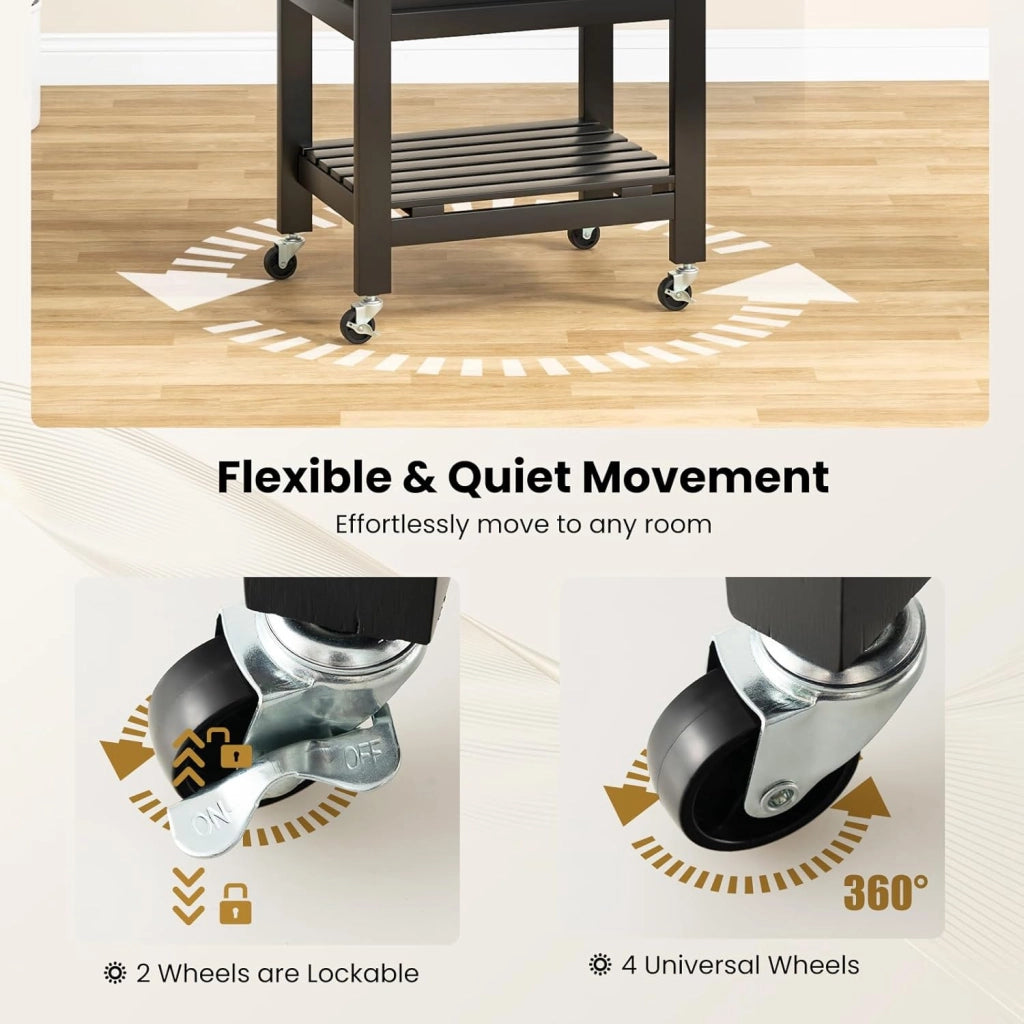 Carrello Cucina con Ruote e Piano di Lavoro in Acciaio Inox, Carrello Portafrutta e Portavivande con Cassetto e Cestello Metallico, Carrellino Portaoggetti per Sala da Pranzo (Nero)