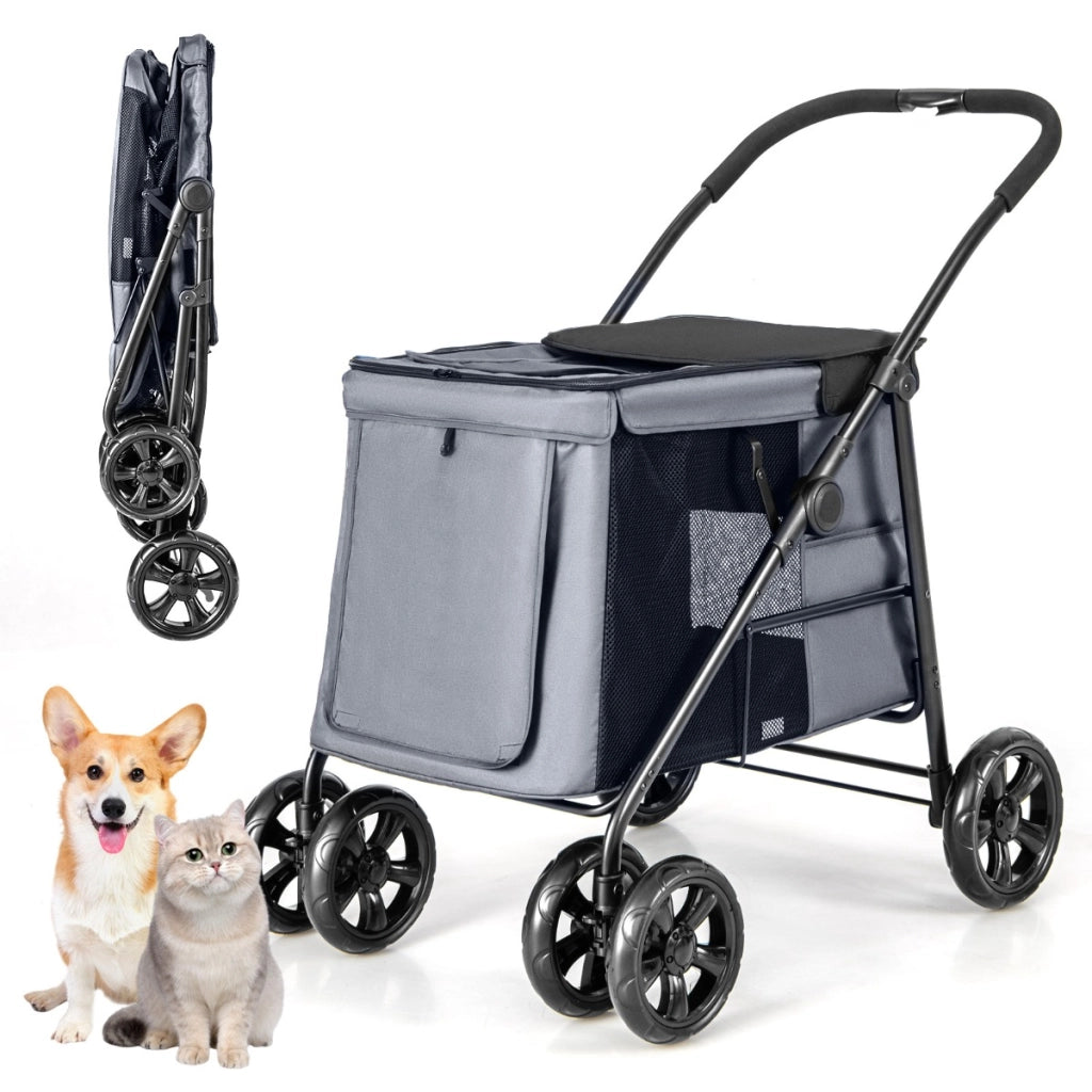 Carrello pieghevole per animali domestici, Passeggino per cani e gatti a 4 ruote con lucernario tasche Grigio scuro-Giochi e accessori per cani