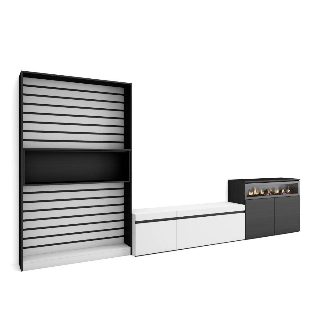 Mobile TV, Soggiorno, 360x35x186cm, Per TV fino a 65", Camino elettrico, Bianco e nero RF3189