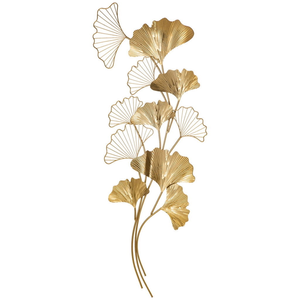 DECORAZIONE MURALE 3D IN METALLO WALL ART DORATA CON FOGLIE DI GINKGO 138X70CM