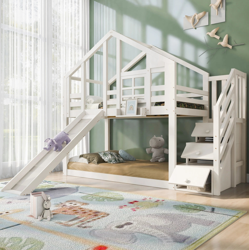 Letto a castello a casetta 90x200 cm con scivolo, bianco