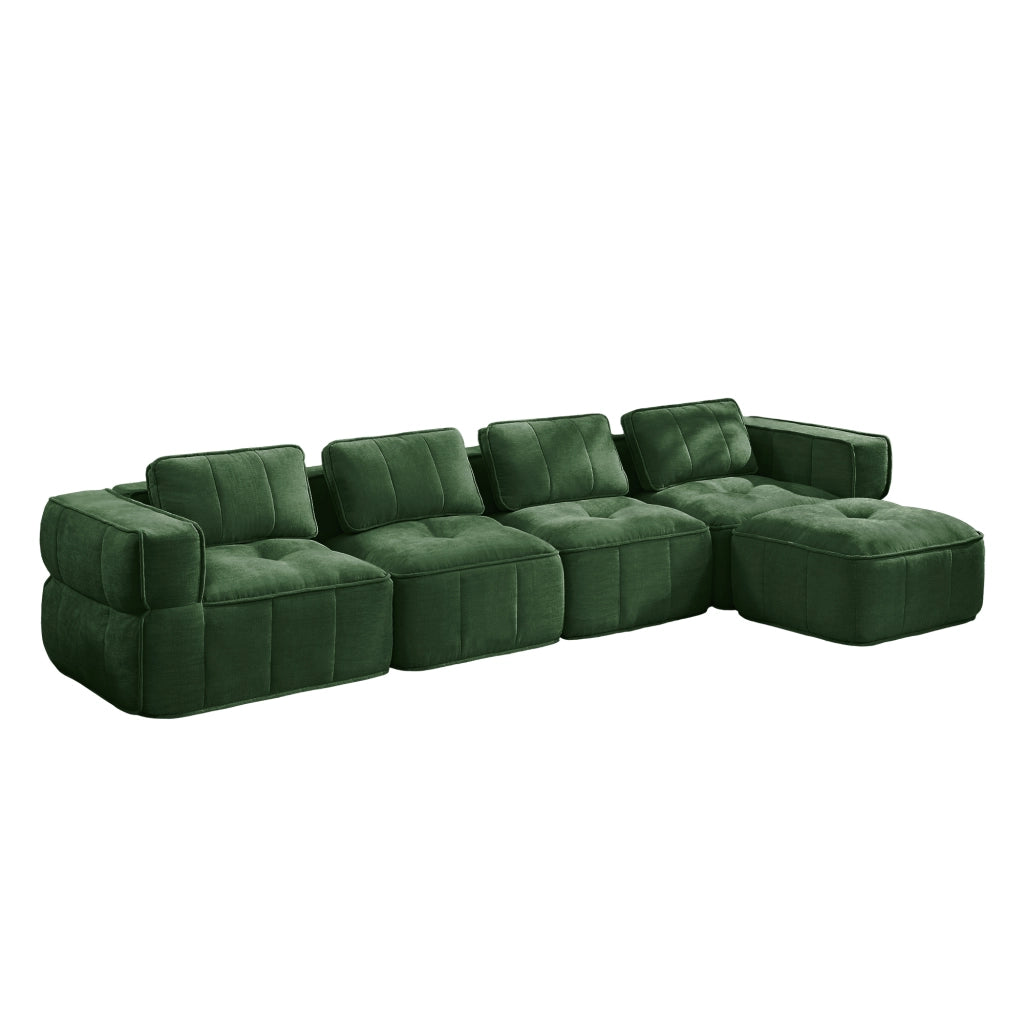 Divano angolare modulare 4 posti con pouf seduta profonda e braccioli ampi in poliestere verde per soggiorno moderno