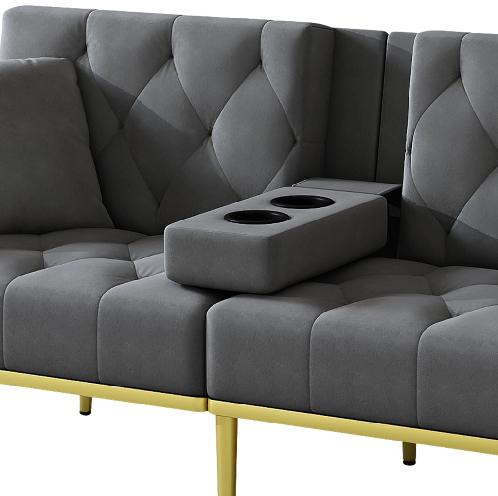 Divano letto 175x80 cm in velluto grigio con portabicchieri， 2 posti