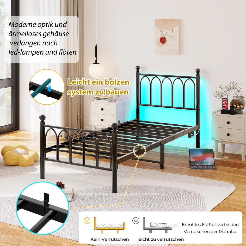 LETTO in metallo 90x200 cm Nero con LED, USB e presa, senza materasso