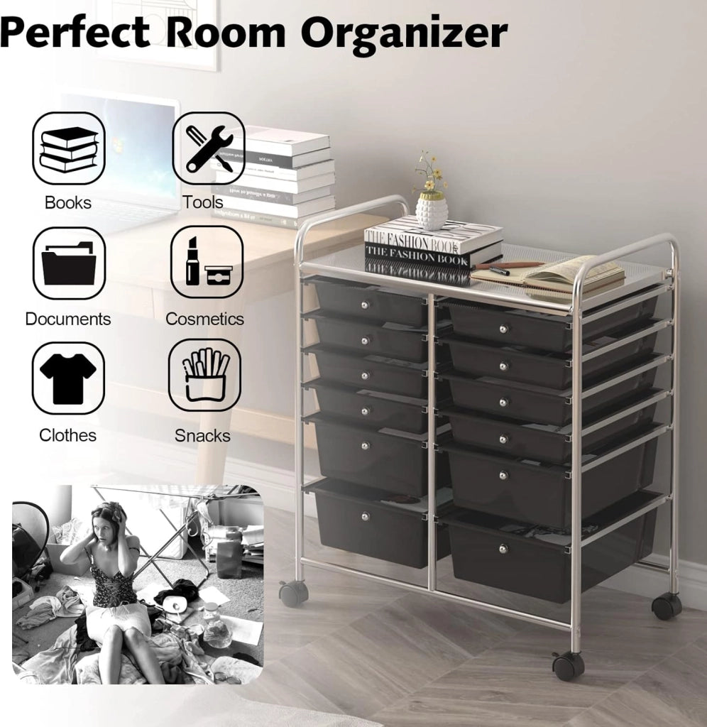 Carrello Portaoggetti con Ruote, 12 Cassetti Rimovibili, Carrello a Rotelle per Soggiorno, Ufficio, Camera da Letto, 64x38x75 cm, 3 Colori
