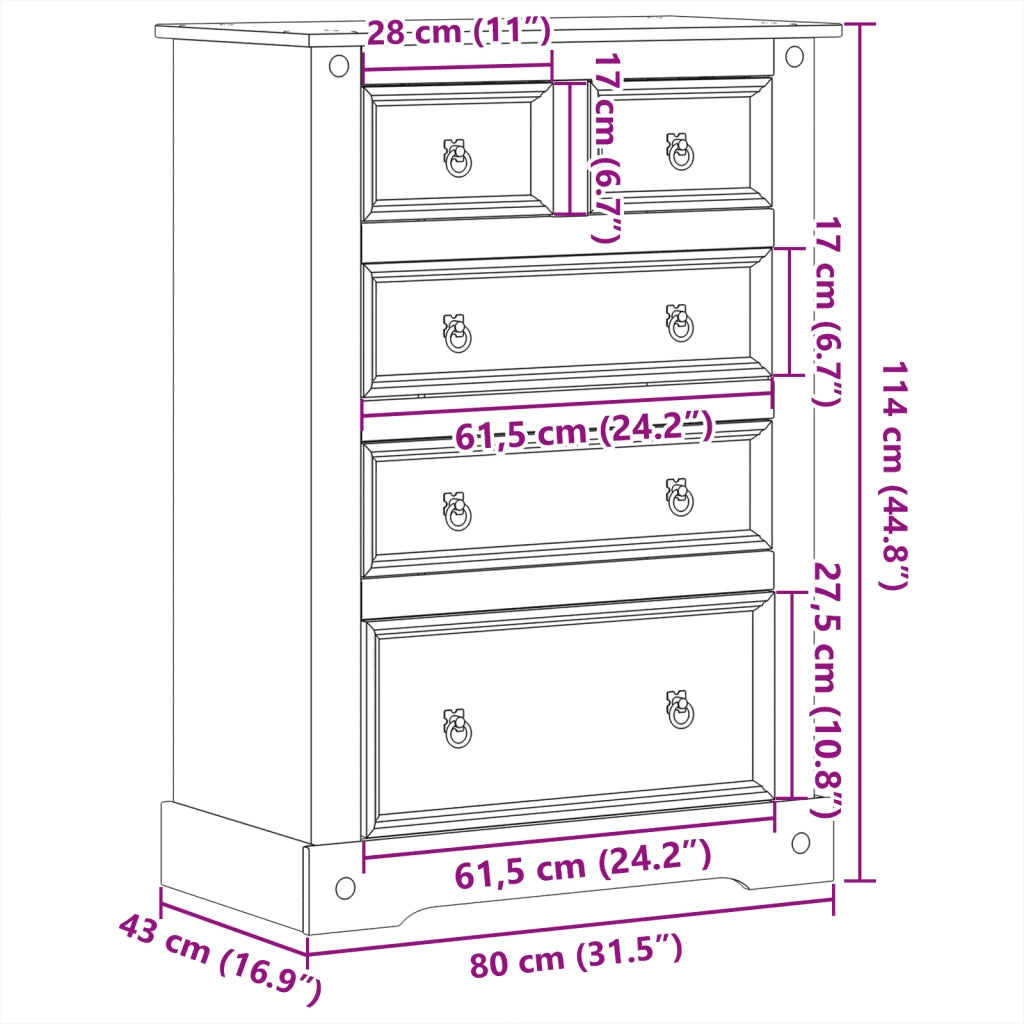 Cassettiera Corona 80x43x114 cm in Legno Massello di Pino 4005671