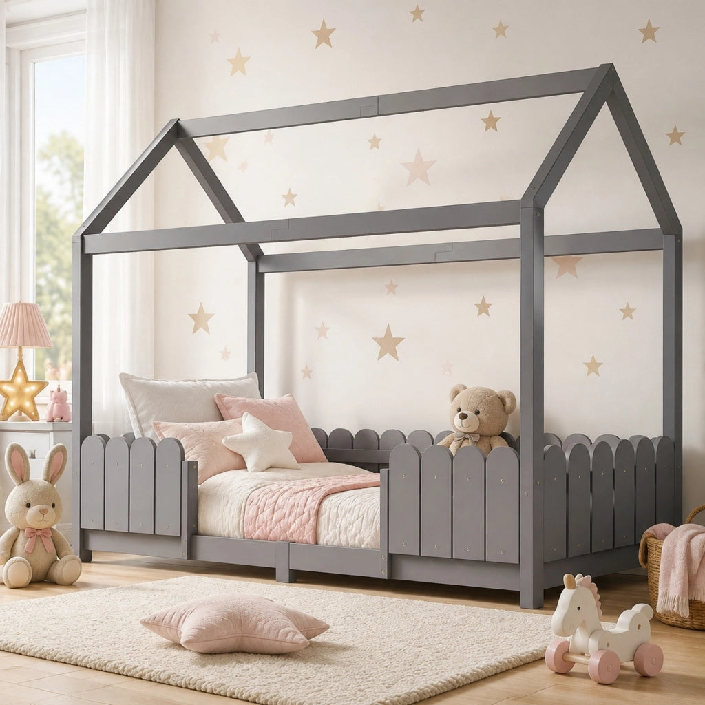 Letto a casetta per bambini 90x200 cm in legno grigio con sponde e rete a doghe