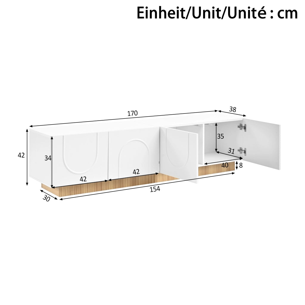 Mobile TV con 4 ante; frontali ad arco tridimensionale; 2 passacavi; per soggiorno; 170 × 38 × 42 cm