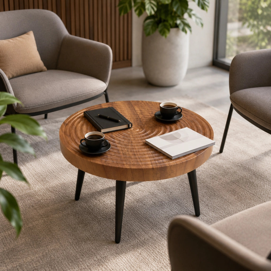 Tavolino da caffè rotondo con piano in MDF da 5 cm; gambe in metallo nero regolabili; noce; Ø 60 cm