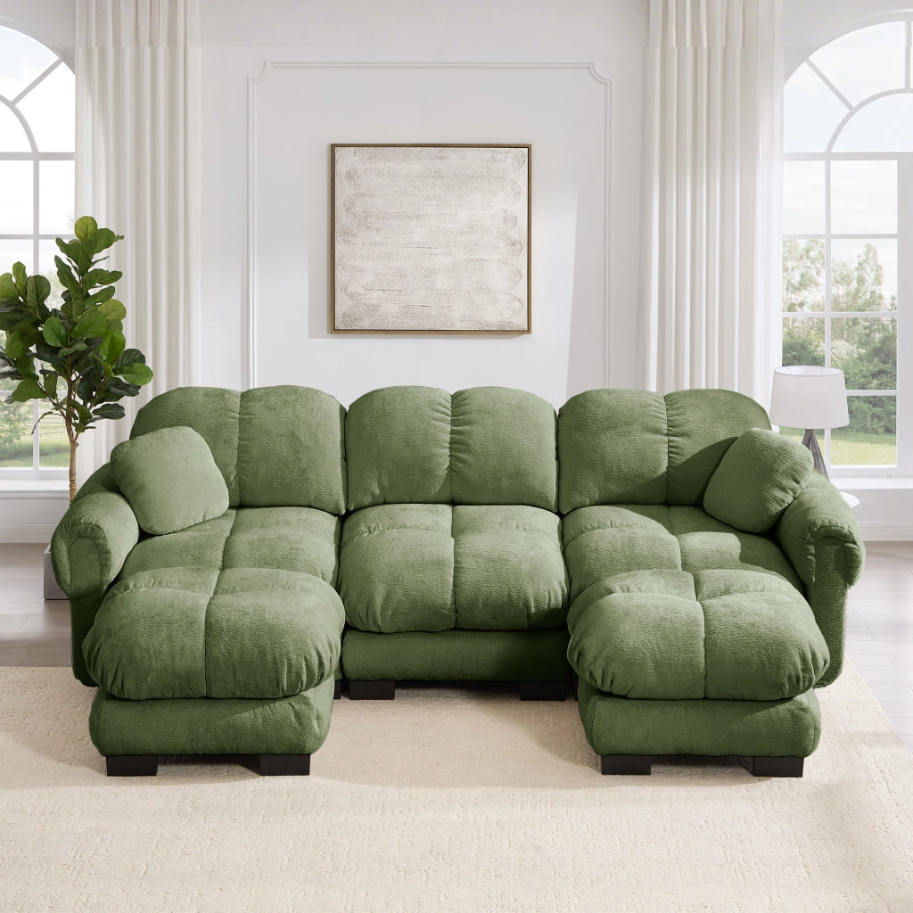 Divano angolare convertibile 3 posti con pouf mobile e 2 cuscini, Chenille Verde