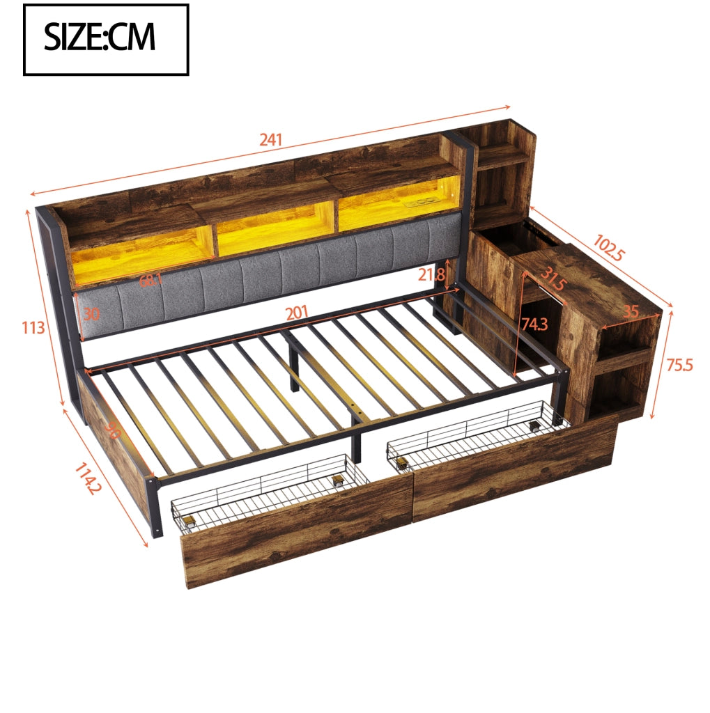 Letto singolo 90x200 cm multifunzione con scrivania estraibile, prese e cassetti