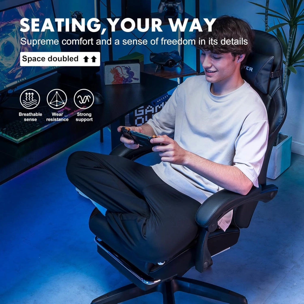 Sedia da gioco, sedia da gioco, sedia da ufficio, ergonomica, regolabile in altezza, adatta per inverno ed estate, con schienale doppio, rivestimento rimovibile e supporto lombare Nero