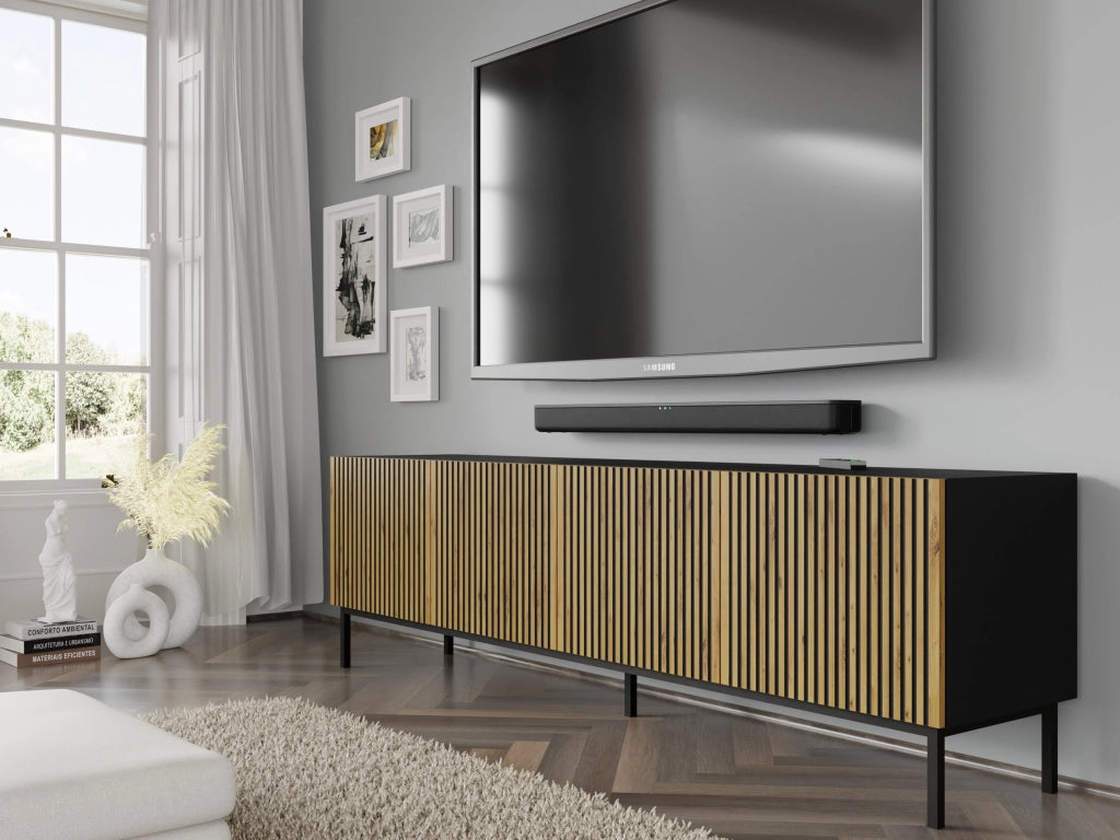 MOBILE RAVENNA F PORTA TV IN MDF VERNICIATO 4D 200 NERO OPACO ROVERE ARTIGIANALE STRUTTURA NERA