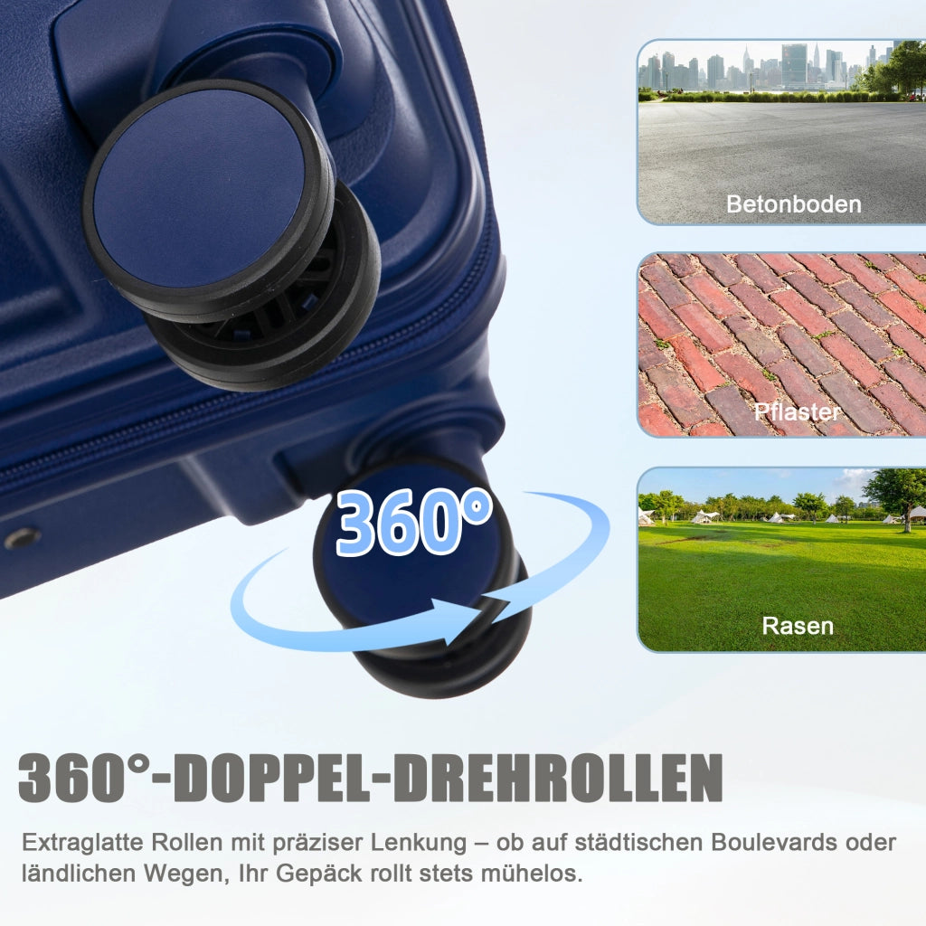 Set di 3 valigie rigide con ruote girevoli a 360 gradi manici laterali ganci e chiusura a combinazione blu