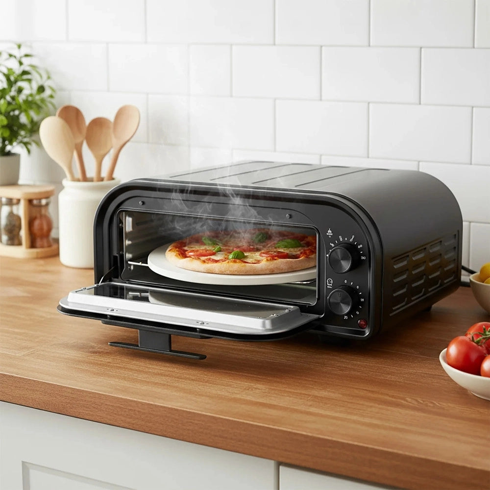 Trade Shop - Forno Per Pizza Con Pietra Refrattaria 1600w Cottura Rapida Doppio Elemento Riscaldante -