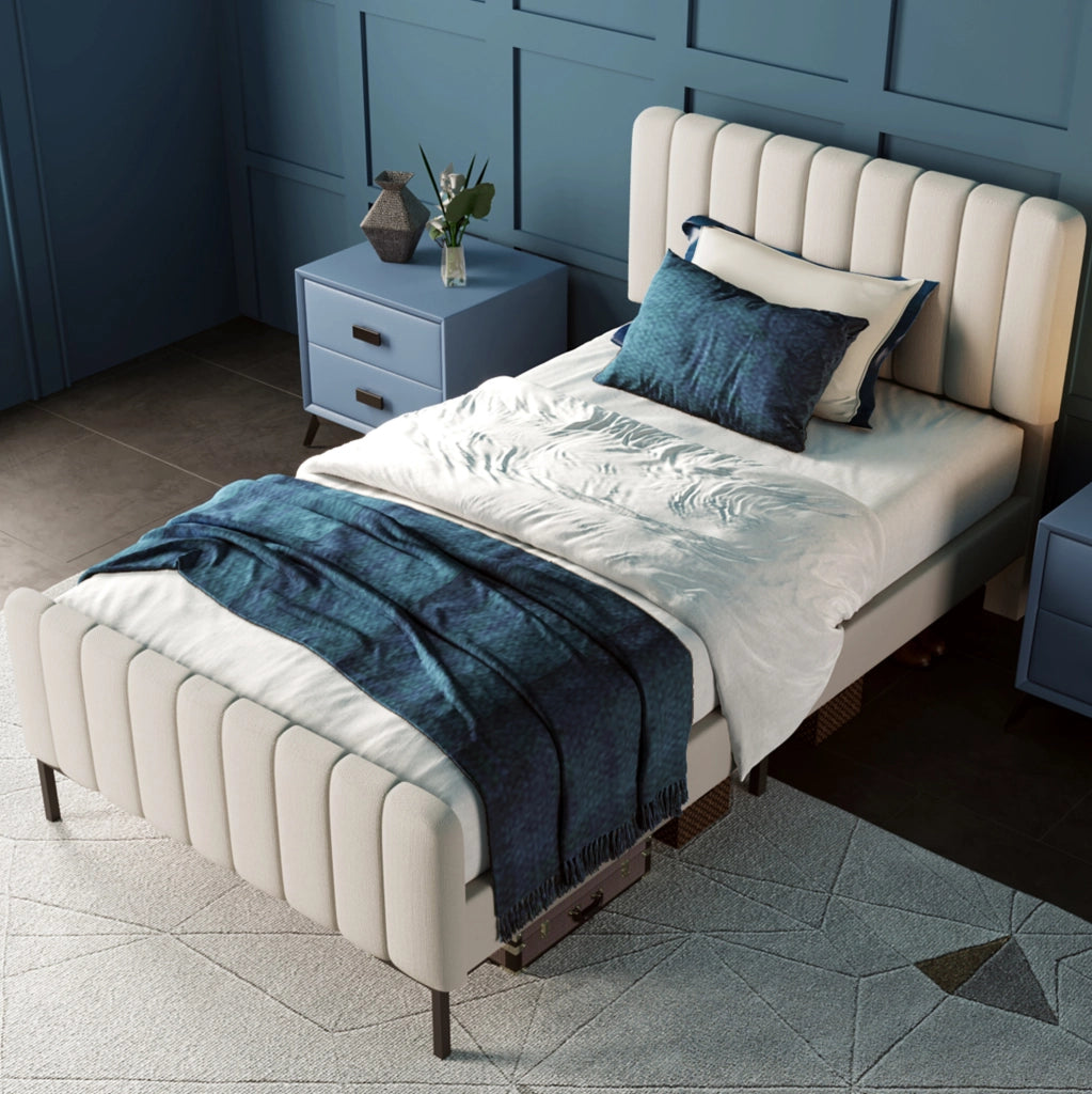 Letto imbottito singolo 90x200 cm con testiera regolabile; lino grigio beige
