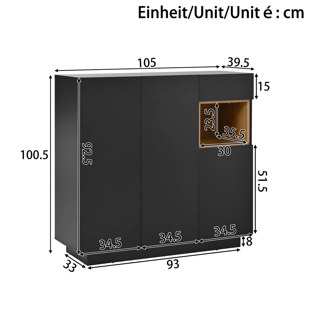 Scarpiera 105x39.5x100.5 cm con LED a 16 colori; ripiani regolabili e cassetto in truciolato nero; naturale