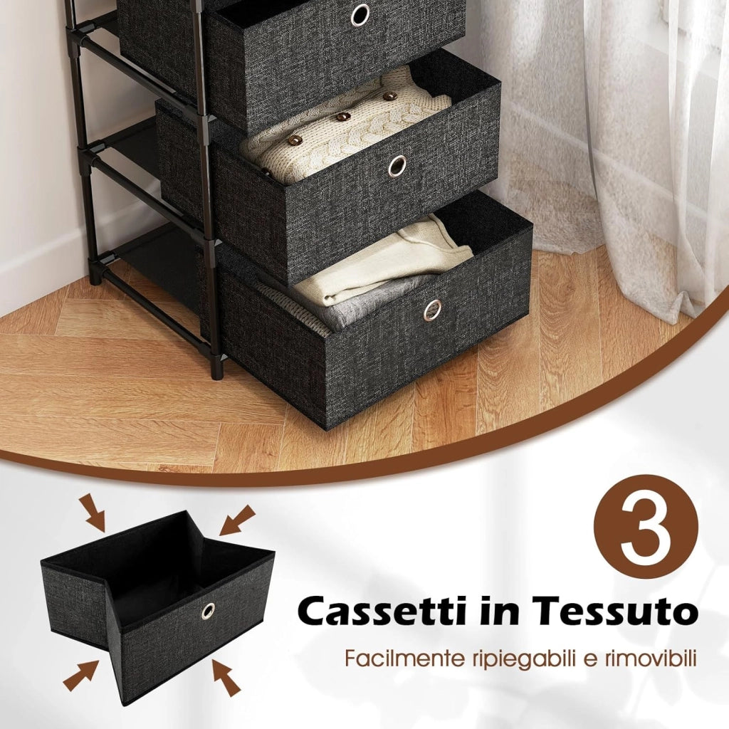 Cassettiere in Tessuto con 3 Cassetti Pieghevole, Comò Camera da Letto con Struttura in Metallo, Armadietto Moderno Salvaspazio per Soggiorno, Ufficio e Corridoio (40 x 30 x 81 cm)