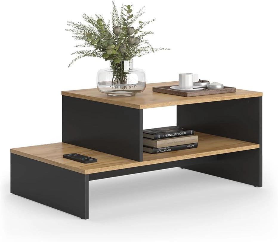Tavolino da salotto Amely, Quercia dorata/antracite, 90 x 55 cm con ripiano