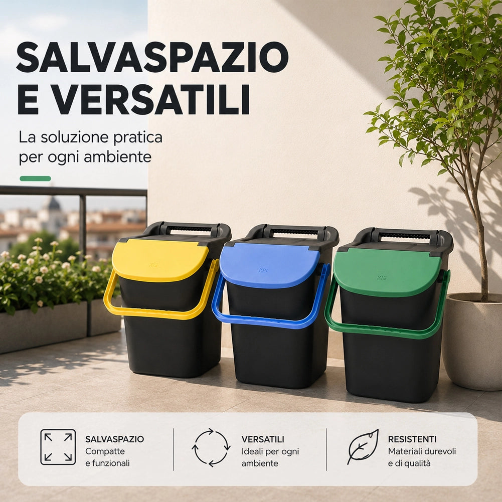 Set 3 Pattumiere Impilabili 34x37,7x42 cm Tower Bin 3x10L Raccolta Differenziata in Plastica Nero