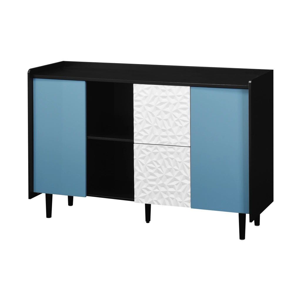 Credenza con 2 Cassetti; 2 Vani Aperti e 2 Ante; Stile Moderno; in MDF; Nero e Blu; 120??40??80 cm