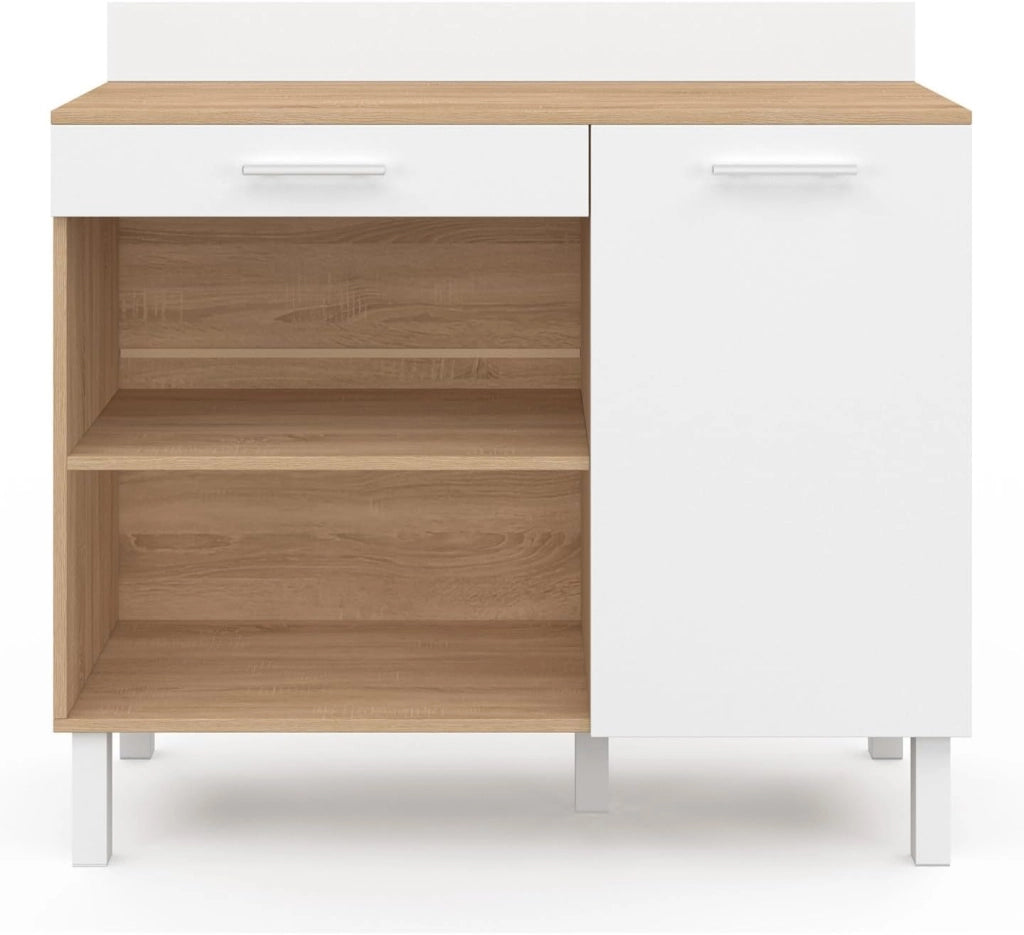 Credenza bassa 100 cm Piano di lavoro CINA H.83 cm 1 anta + 1 cassetto finitura faggio e bianco