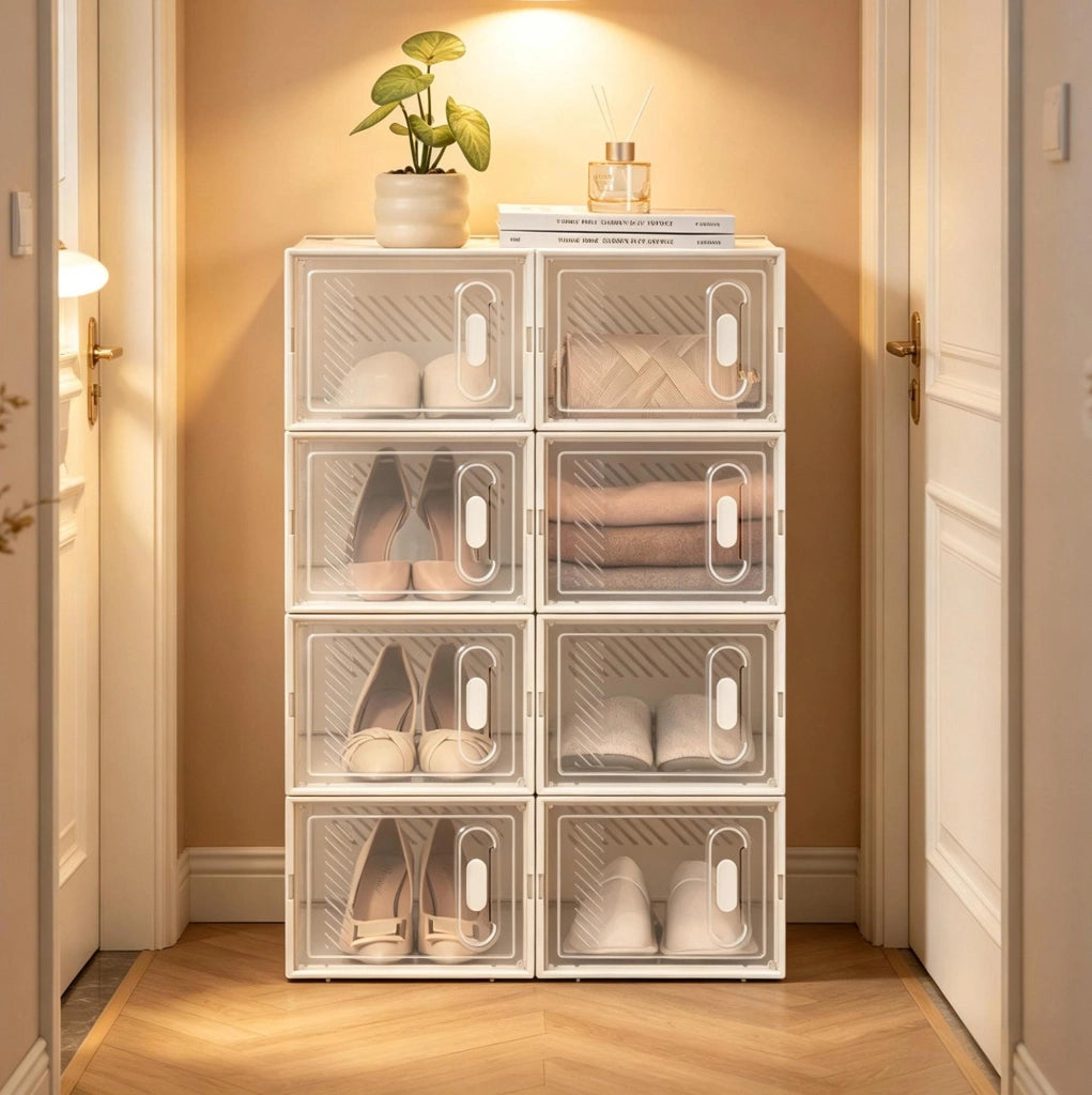 Set di 8 Scatole Impilabili per Scarpe in Plastica Trasparente 25x18,5x35,5 cm