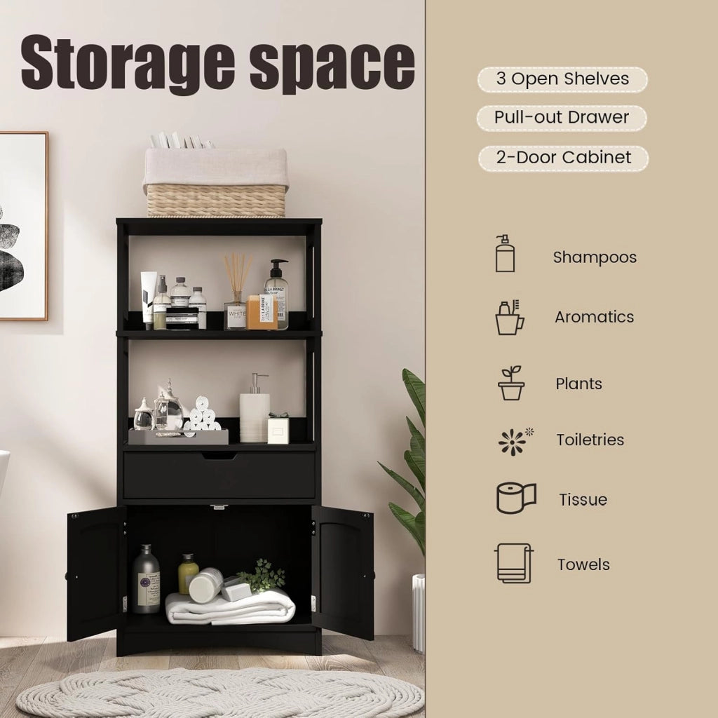 Mobile da bagno con ripiano a 3 livelli e cassetto, armadio su piedistallo per bagno, dispositivo antiribaltamento, mobiletto portaoggetti 60 x 32,5 x 122 cm (nero)