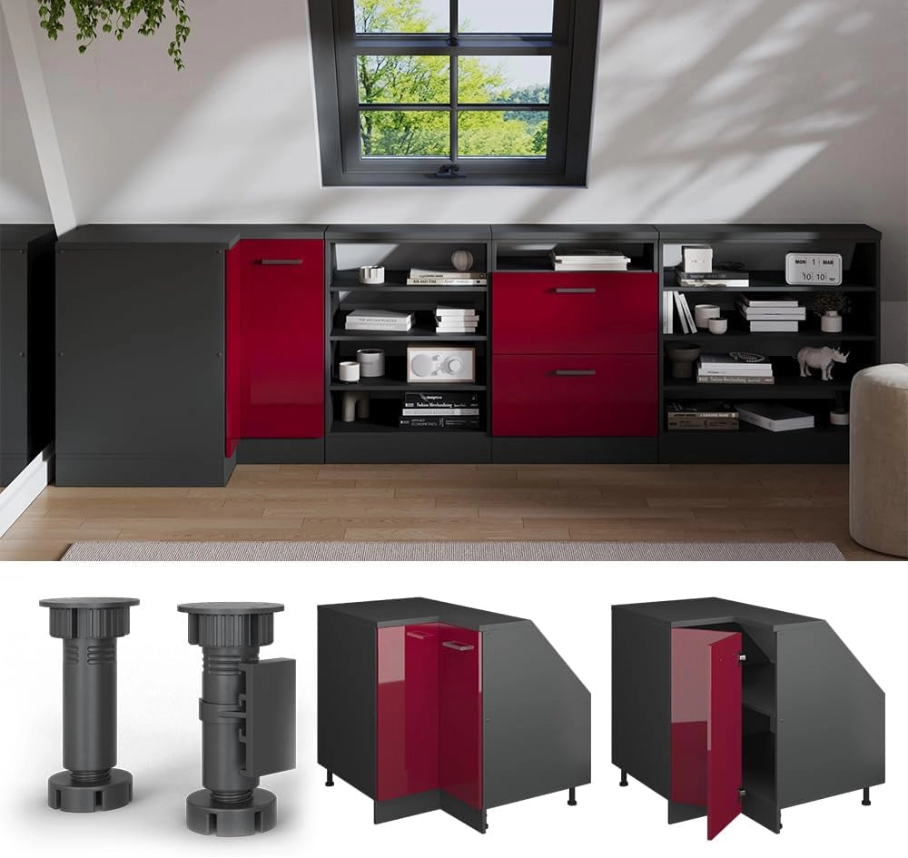 Mobile sottotetto Mobile angolare Rion, Rosso lucido, 75.6 x 81.6 cm con 1 porta, carcassa dell’armadio profondità 60 cm, adatto per il salvaspazio sotto tetti spioventi