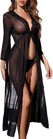 Lunga notte per donne con bordo laterale e V e collo - Notte intima con tanga - Lingerie elegante per donne