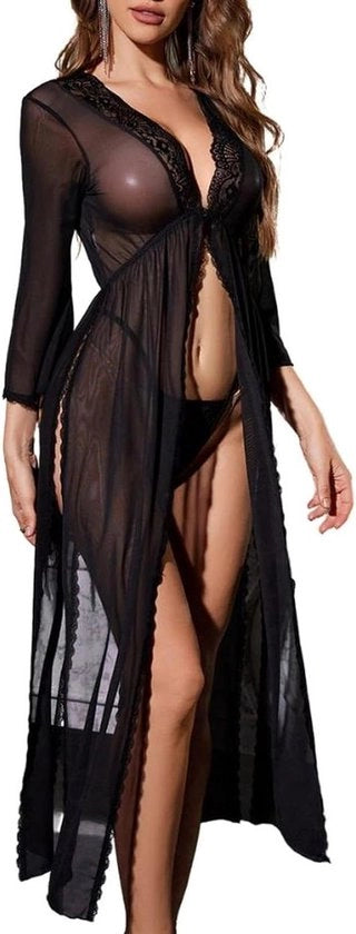 Lunga notte per donne con bordo laterale e V e collo - Notte intima con tanga - Lingerie elegante per donne