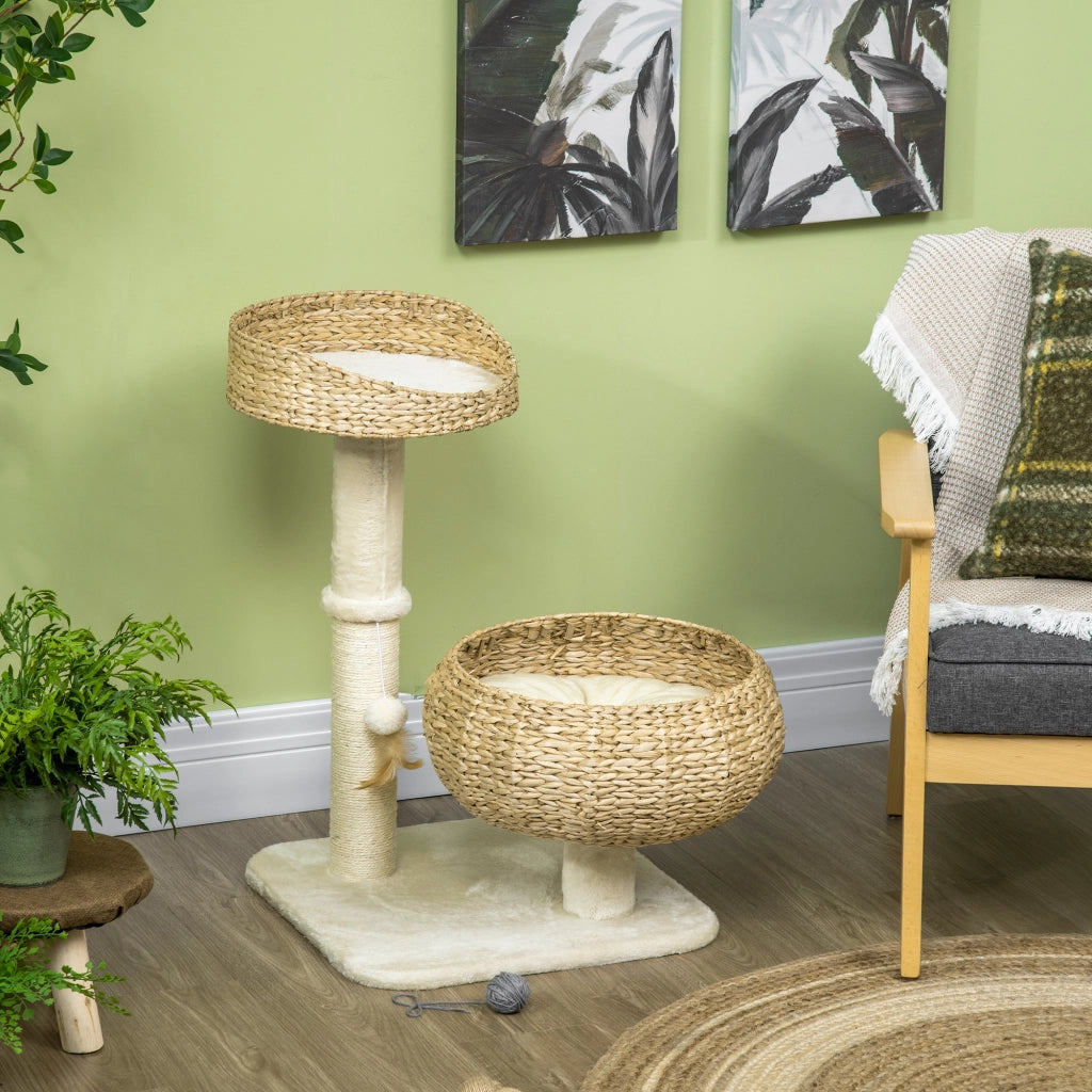 Tiragraffi per gatti a 2 livelli con palla sospesa ¨C zephmum ¨C grigio, sisal, 72x40x40 cm