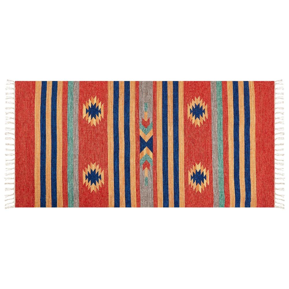 Tappeto Kilim multicolore in cotone 80 x 150 cm tessuto a mano a trama piatta reversibile con motivi geometrici e frange, tradizionale Boho, per il soggiorno e la camera da letto.