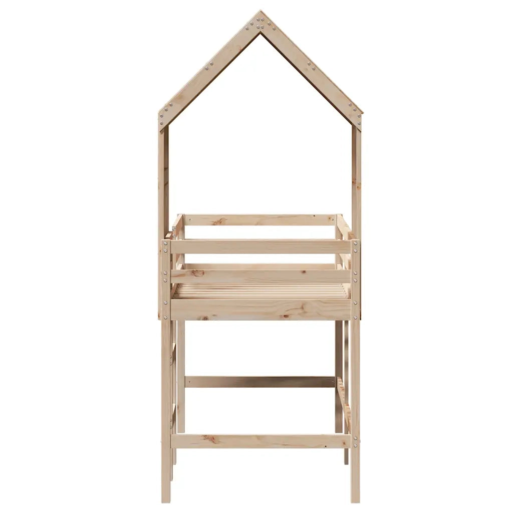 Letto Soppalco con Scala e Tetto 90x190 cm Legno Massello Pino